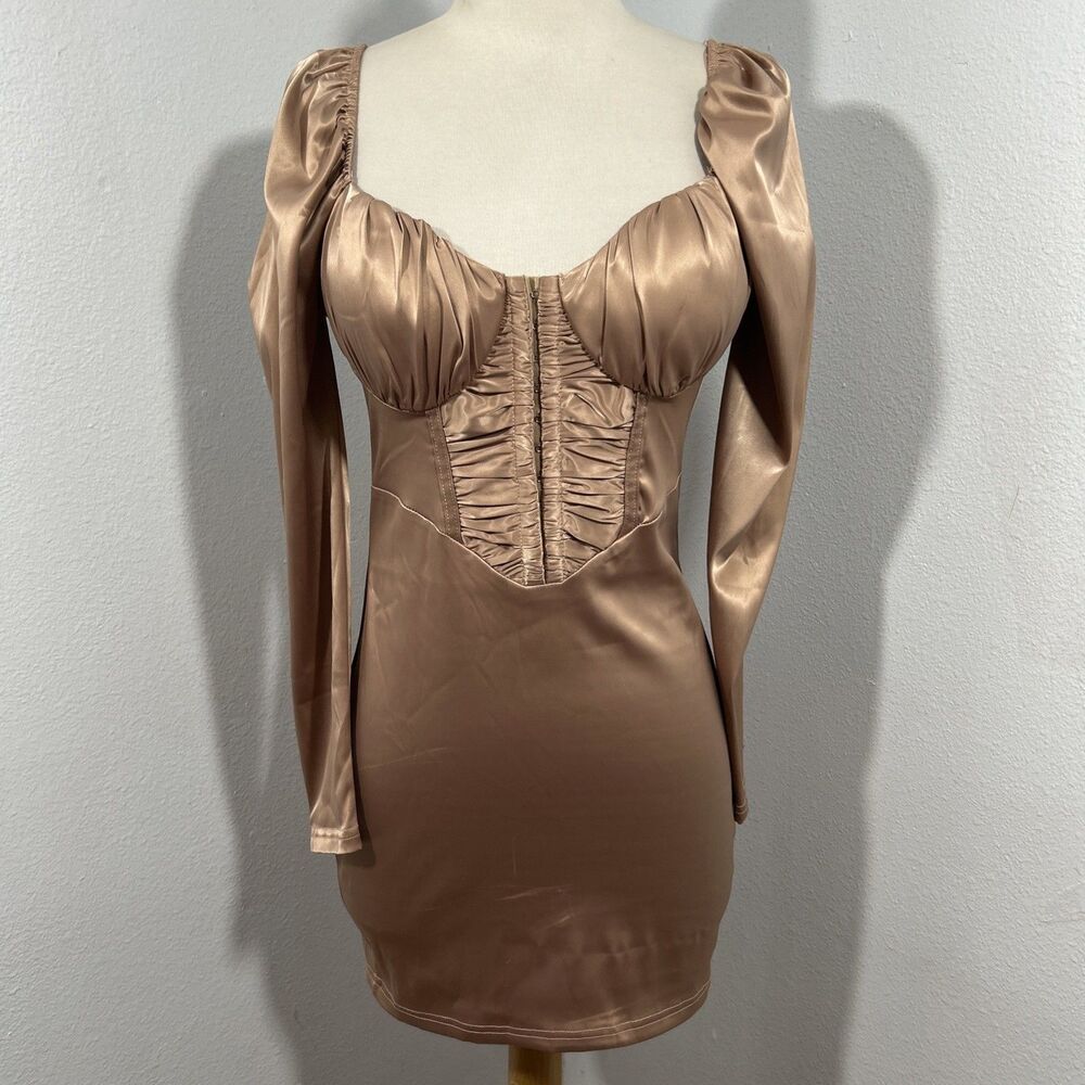 PrIvy Bustier Dress Women Small Tan Satin Bodycon Babydoll Romantic Evenings Y2K